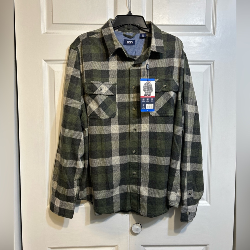 NWT Chaps Men's Size L Large Long Sleeve Knit Flannel Shirt Green Beige Plaid